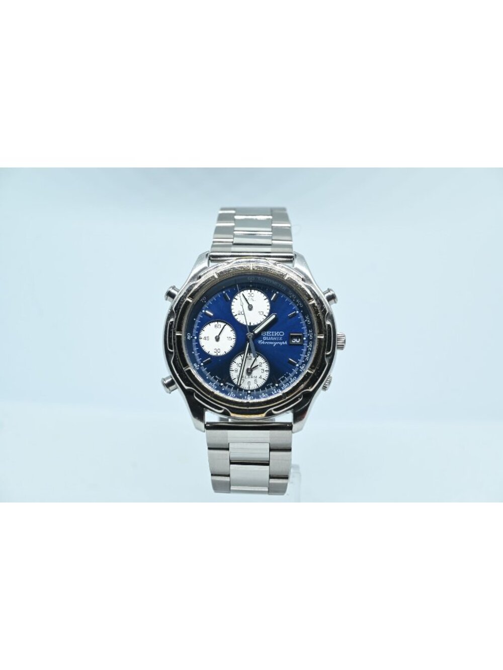 Vintage Men's Seiko Chronograph 7T32-6E69 Quartz Watch Blue Dial Aftermarket